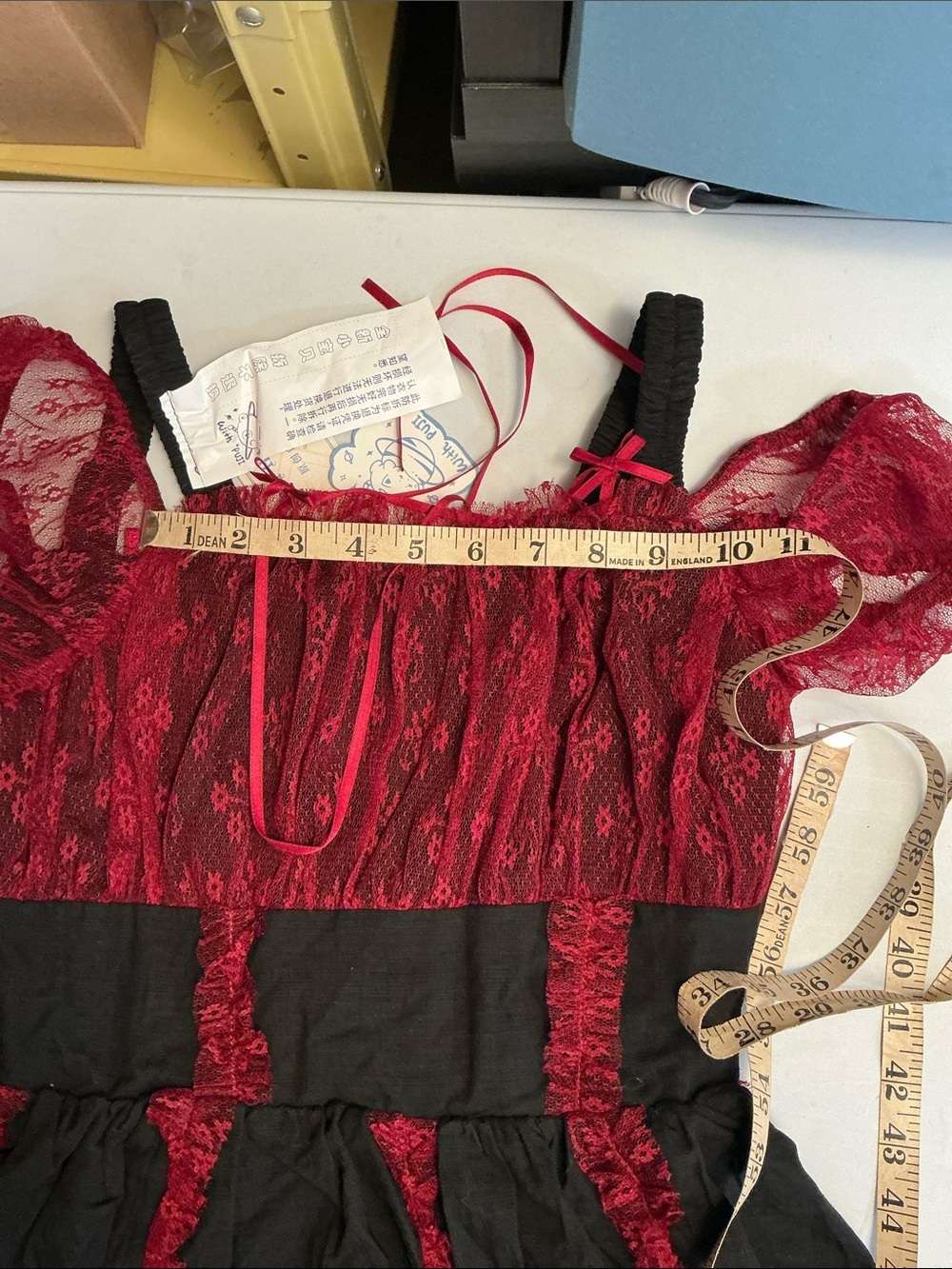 2198 - Red & Black Lace Trim Off-Shoulder Midi Dress
(Crinoline Not included). - Picture 14 of 16